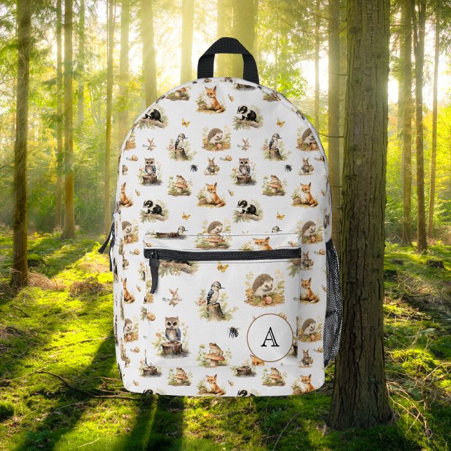 Sac À Dos Imprimé Bois Animaux Monogramme École Voyage Enfants Blanc (Créateur téléchargé)