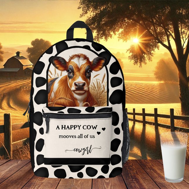 Sac À Dos Imprimé Bonne Citation de vache Cowgirl (Backpack featuring a painting of a cute cow with your custom quote on a black and ivory pattern)