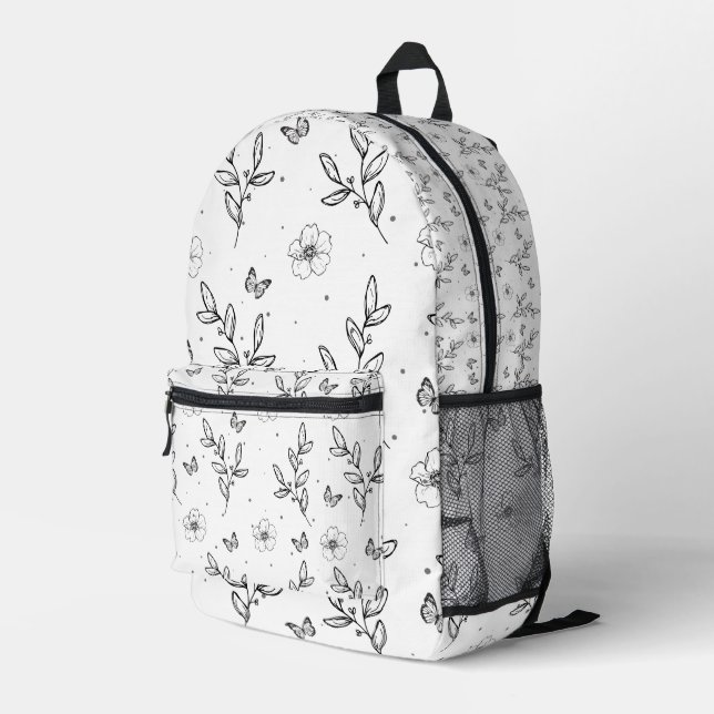 Sac À Dos Imprimé botanique florale design noir et blanc (Coin arrière droit)