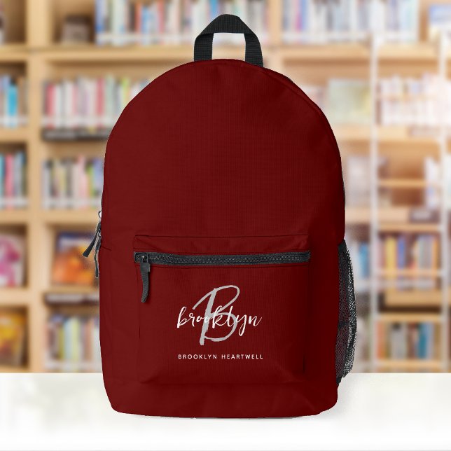 Sac À Dos Imprimé Burgundy Gris Blanc Monogramme Nom (Créateur téléchargé)
