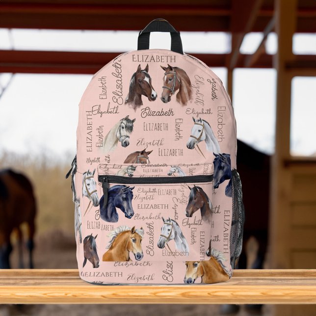 Sac À Dos Imprimé Cadeaux équestres pour filles nom personnalisé (Horse equestrian gifts for girls personalized name collage with horses printed backpack horse girl)
