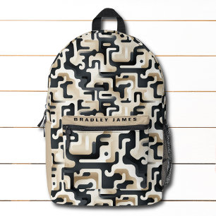 Sac À Dos Imprimé Camo Beige Noir Moderne Nom personnalisé
