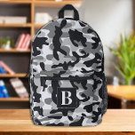 Sac À Dos Imprimé Camouflage de Monogramme moderne personnalisé<br><div class="desc">Découvrez notre sac à dos camo moderne et tendance, parfait pour les enfants, les étudiants, les randonneurs et les randonneurs de jour! Ce sac à dos cool est doté d'un motif de camo de neige aux tons noir, blanc et gris, lui donnant un look d'inspiration militaire qui ne manquera pas...</div>