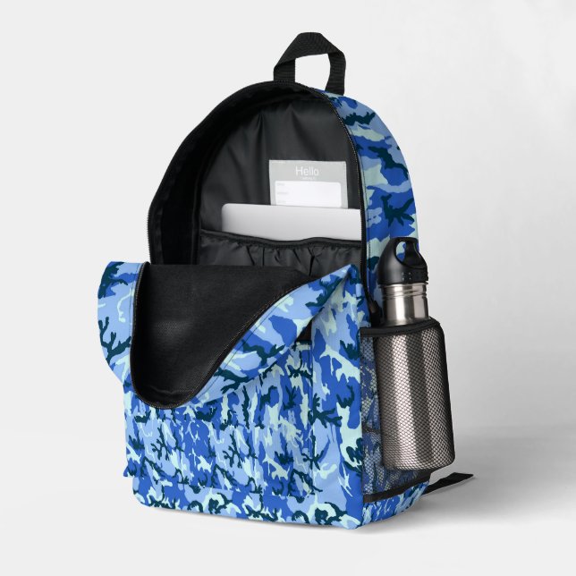 Sac À Dos Imprimé Camouflage Militaire Bleu de Bois (Coin arrière droit (ouvert))