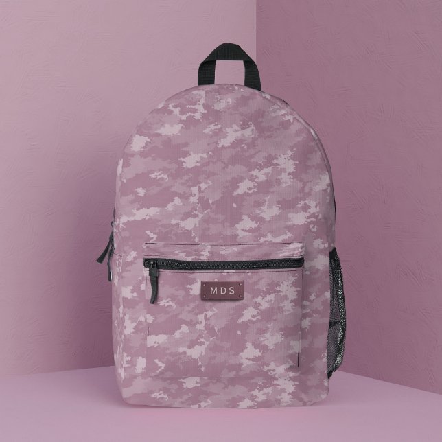 Sac à dos imprimé camouflage moderne rose camoufla (A pink camo backpack with space for your initials)