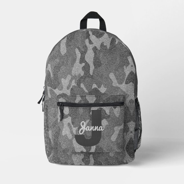 Sac À Dos Imprimé Camouflage Pailleté Monogrammé Argent & Étain (Recto)