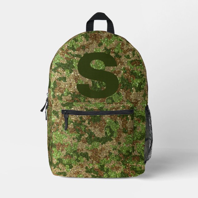 Sac À Dos Imprimé Camouflage Vert Marron Paillettes Camo Monogramme  (Recto)