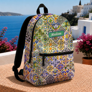 Sac À Dos Imprimé Carreau de motif floral bleu vert Majolique sicili
