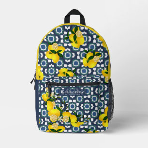 Sac À Dos Imprimé Carreaux Méditerranéens Citron Bleu Nuit Blanc