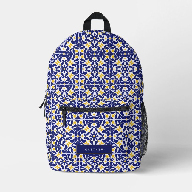 Sac À Dos Imprimé Carreaux méditerranéens Motif bleu et jaune (Recto)