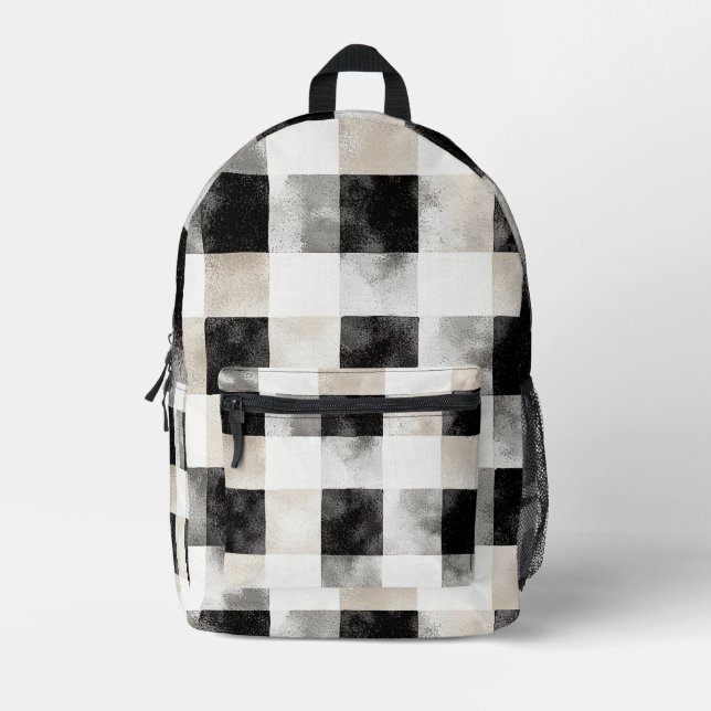 Sac À Dos Imprimé Carreaux Noir Crème Blanc Rayures (Recto)