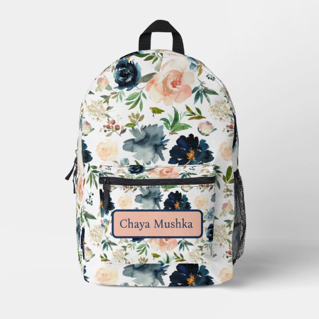 Sac À Dos Imprimé Cartable Fille Fleur Rose Bleu Marine (Recto)