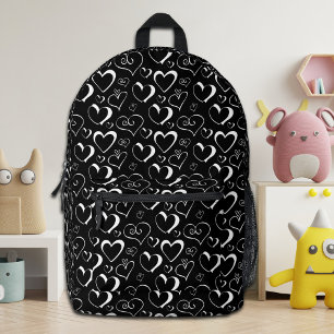 Sac À Dos Imprimé Cartable Scolaire à Coeurs Noir et Blanc