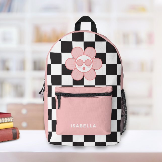 Sac À Dos Imprimé Cartable Scolaire Fille Damier (Trendy Checkered Personalized Backpack. Pink cool Daisy with black and white checkers. )