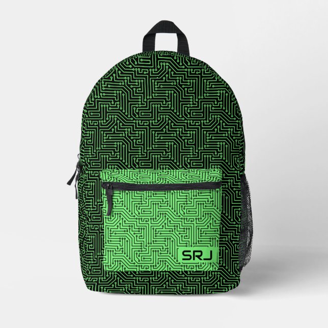 Sac À Dos Imprimé Carte de circuit Neon Vert noir Monogramme personn (Recto)