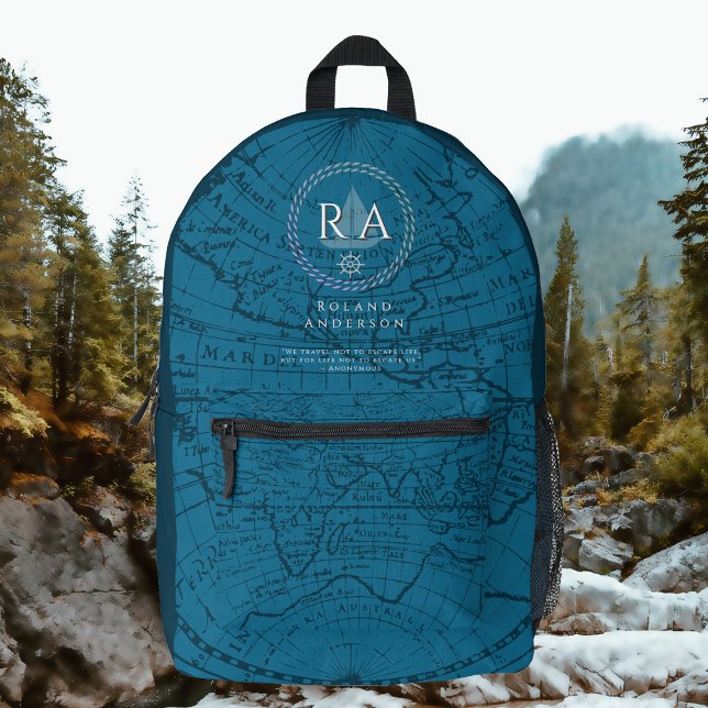 Sac À Dos Imprimé Carte de monogramme de corde nautique bleue (Nautical Map Monogram Traveller Blue Backpack.)