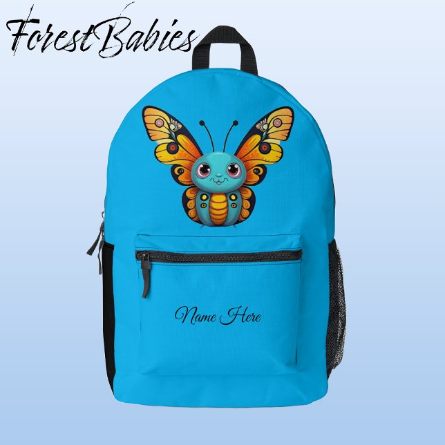 Sac À Dos Imprimé Cartoon de papillon moelleux en gros plan (Monarch Butterfly,  Blue Customizable ForestBabies Backpack - Front)