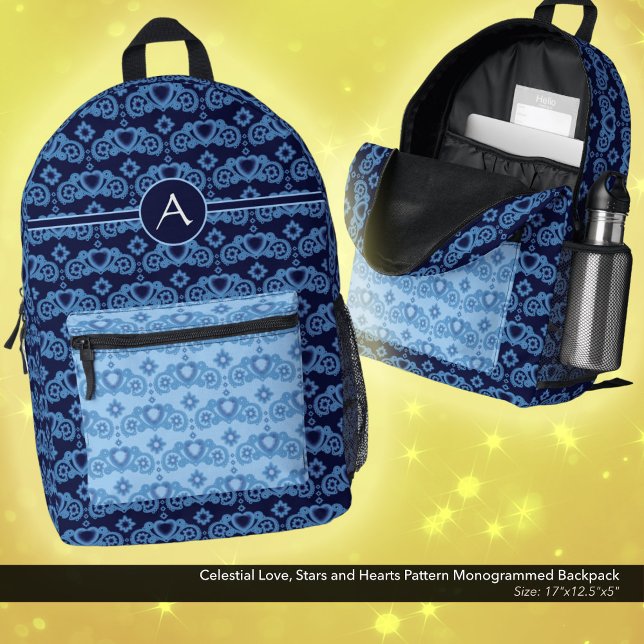 Sac À Dos Imprimé Celestial Love Stars Coeurs Motif Monogramme (Celestial Love, Stars and Hearts Pattern, Monogrammed Backpack in Dark Blue and Light Blue.)