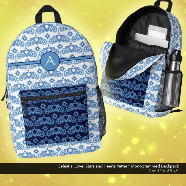 Sac À Dos Imprimé Celestial Love Stars Coeurs Motif Monogramme (Celestial Love, Stars and Hearts Pattern, Monogrammed Backpack in White and Dark Blue.)