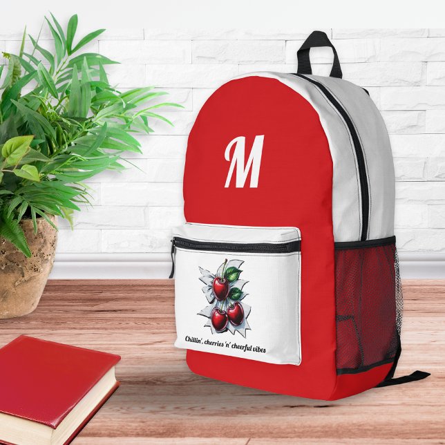Sac À Dos Imprimé Cerises Été Tendance Rouges et Blanches Monogrammé (A red and white backpack with monogram initial, cherries motif and caption)