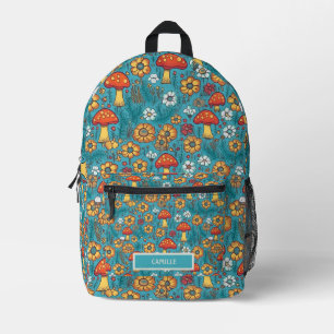 Sac À Dos Imprimé Champignons Turquoises orange Monogramme Nom Camp