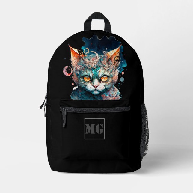 Sac À Dos Imprimé Chat aquarelle en style steampunk (Recto)