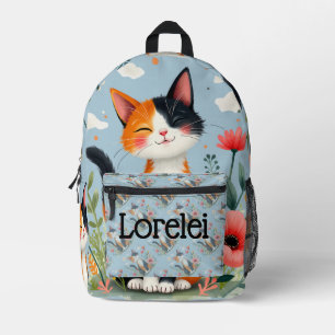 Sac À Dos Imprimé Chat calicot souriant dans un jardin fleuri