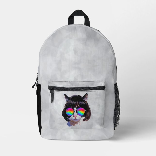 Sac À Dos Imprimé Chat dans une perruque + Lunettes de soleil (Peint (Recto)