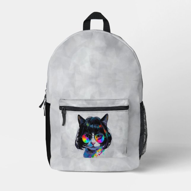 Sac À Dos Imprimé Chat dans une perruque + Lunettes de soleil (Peint (Recto)