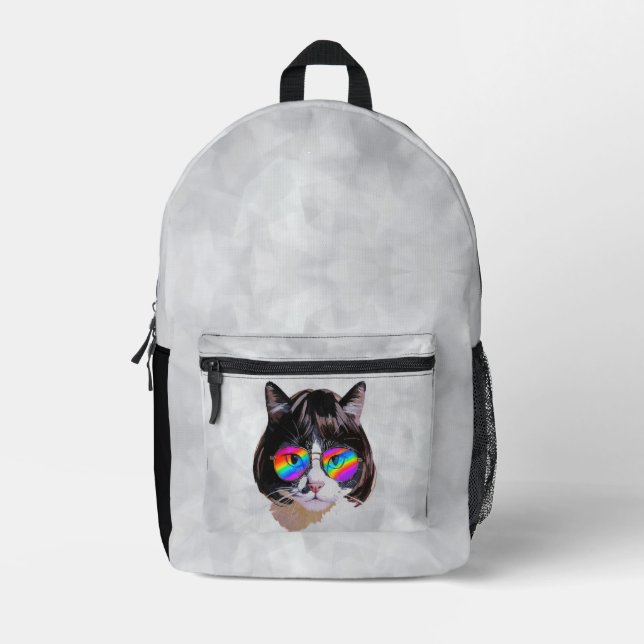 Sac À Dos Imprimé Chat dans une perruque + Lunettes de soleil (Peint (Recto)