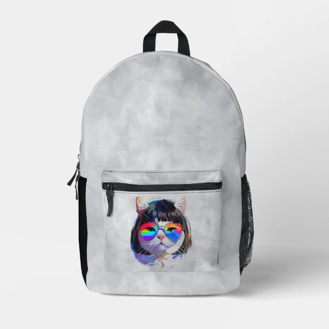 Sac À Dos Imprimé Chat dans une perruque + Lunettes de soleil (Peint (Recto)
