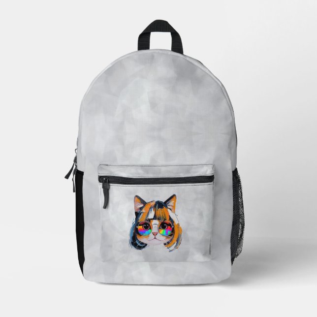 Sac À Dos Imprimé Chat dans une perruque + Lunettes de soleil (Peint (Recto)