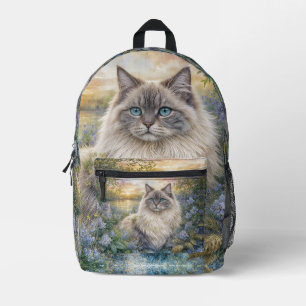 Sac À Dos Imprimé Chat himalayen duveteux dans un jardin pourpre au