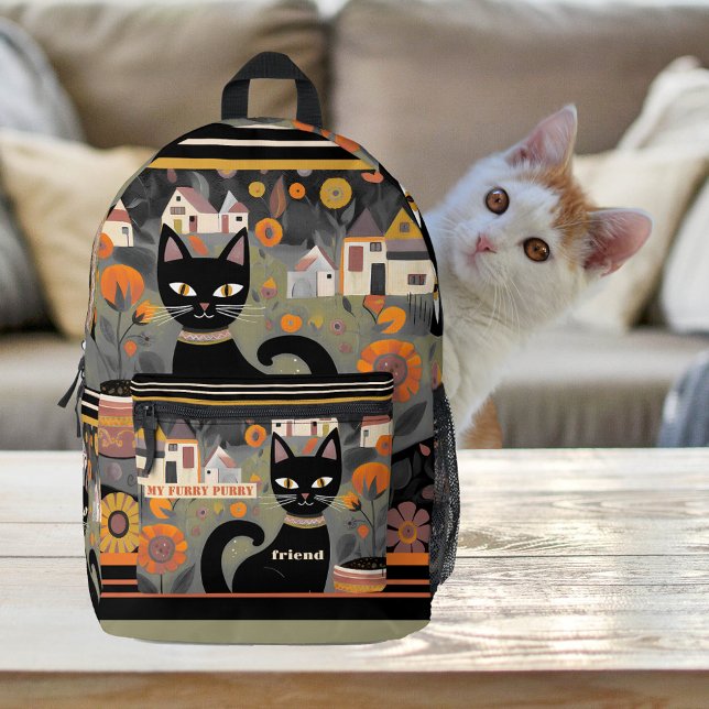 Sac À Dos Imprimé Chat noir mignon artistique (Backpack featuring a cute black cat design in retro style. Nice for any cat lover.)