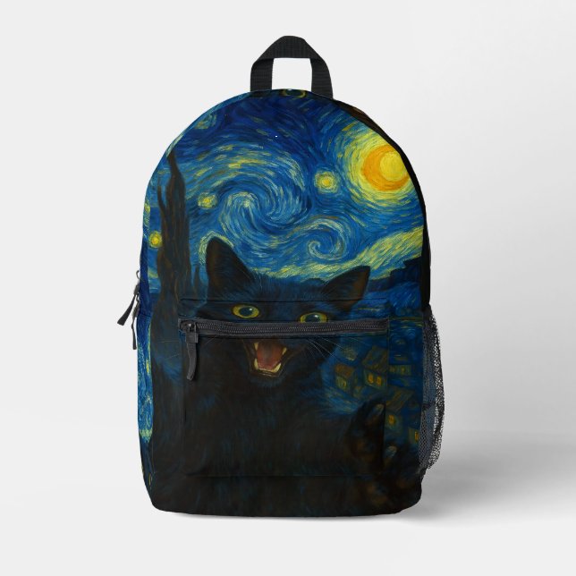 Sac À Dos Imprimé Chat noir Starry Nuit Van Gogh Chat Selfie (Recto)