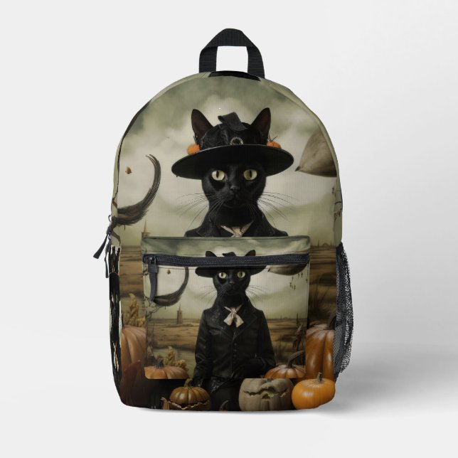 Sac À Dos Imprimé Chat Sorcière aux Citrouilles  (Recto)