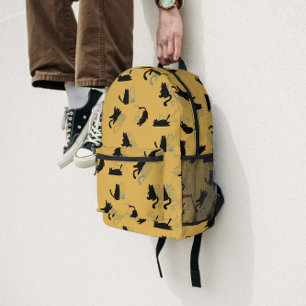 Sac À Dos Imprimé Chats noirs sur fond moutarde avec contours bleus