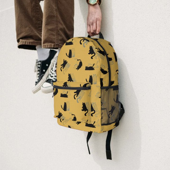 Sac À Dos Imprimé Chats noirs sur fond moutarde avec contours bleus  (Créateur téléchargé)