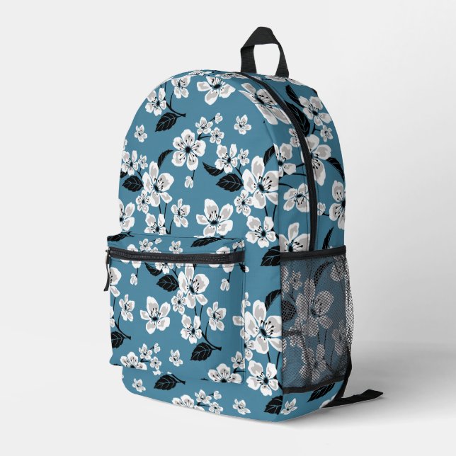 SAC À DOS IMPRIMÉ CHERRY BLOSSOM - MOTIF SAKURA EN BLEU FUMÉ (Coin arrière droit)