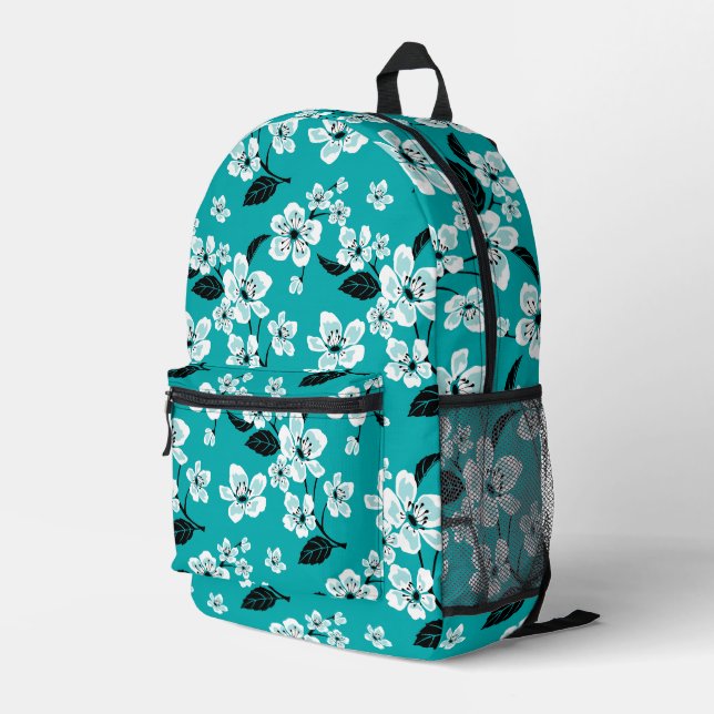 SAC À DOS IMPRIMÉ CHERRY BLOSSOM - MOTIF SAKURA EN TURQUOISE (Coin arrière droit)