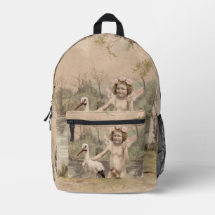 Sac À Dos Imprimé Cherub vintage avec cigogne près du lac