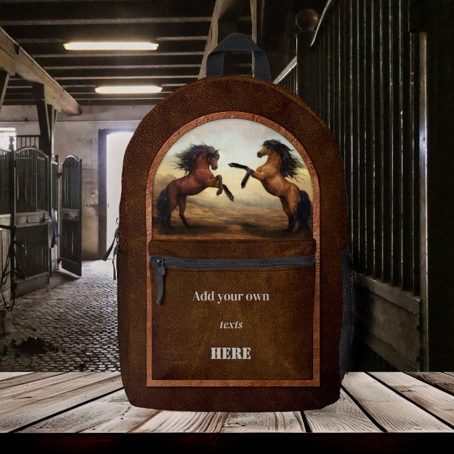 Sac À Dos Imprimé Chevaux sauvages en cuir Faux (Backpack featuring a painting of two wild horses on a brown faux leather design)