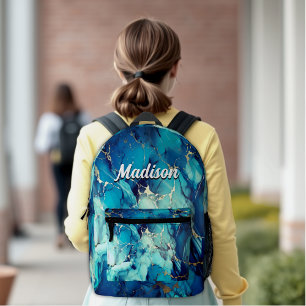 Sac À Dos Imprimé chic aqua bleu marbre faux or parties scintillant