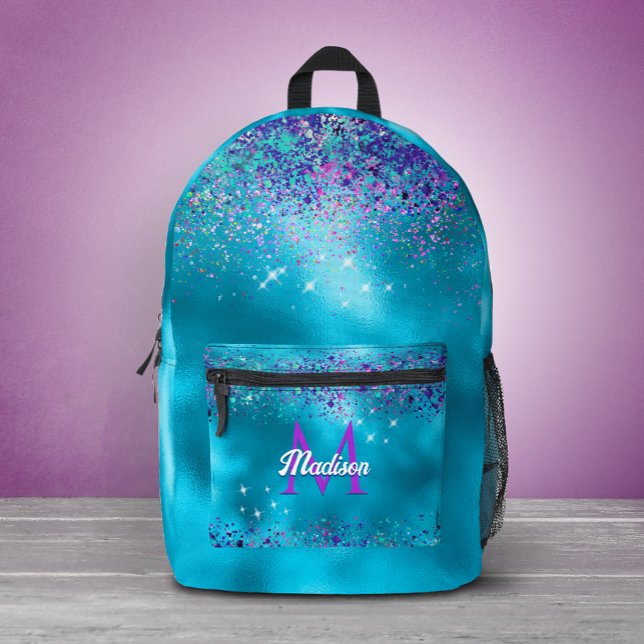 Sac À Dos Imprimé Chic Bleu rose iridescent paillettes monogramme (Créateur téléchargé)