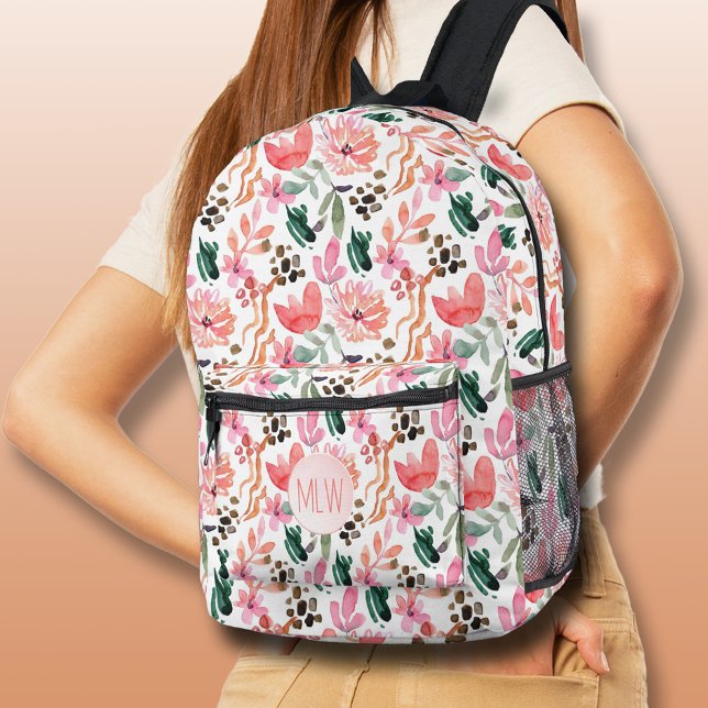 Sac À Dos Imprimé Chic rose Floral Monogramme (Chic Pink Floral Monogrammed Printed Backpack)