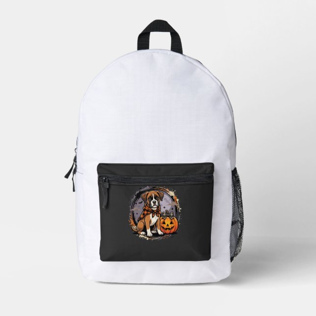 Sac À Dos Imprimé Chien Boxer Halloween Citrouille Sublimation (Recto)