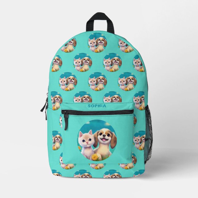 Sac À Dos Imprimé Chiot et chaton mignon Enfants Nom personnalisé (Recto)