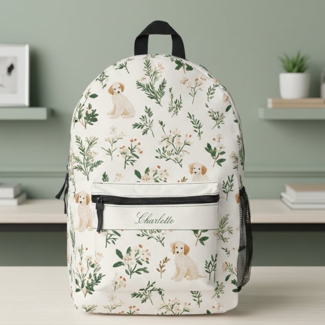 Sac À Dos Imprimé Chiot Mignon Fleurie (cute sweet golden retriever puppy botanical floral backpack custom name monogram for back to school)