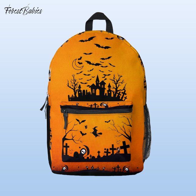 Sac À Dos Imprimé Cimetière de Faucheur Gothique Orange Effrayant ✝  (Spooky Orange & Black Gothic Witch, Grim Reaper Graveyard ForestBabies Halloween Backpack ✝ 🎃 🦇 )