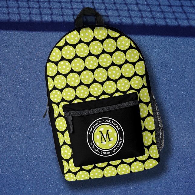 Sac À Dos Imprimé Citation Sportive Pickleball Nom Initial Noir (Pickleball Sports Funny Quote Name Initial Black Printed Backpack)